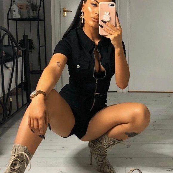 Black Short Sleeve Denim Jeans Bodycon Romper - Picture 7 of 10